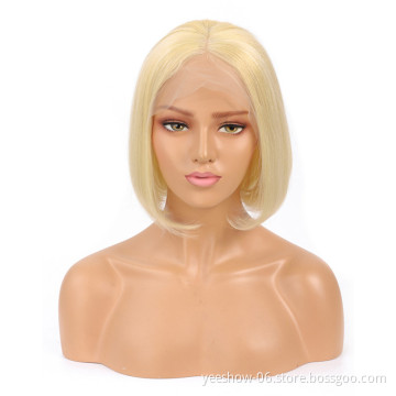 Short Straight Blonde 4x4 Closure Lace Front Wigs For Black Women 613 Cuticle Aligned Human Hair Wig 613 BOb Wigs